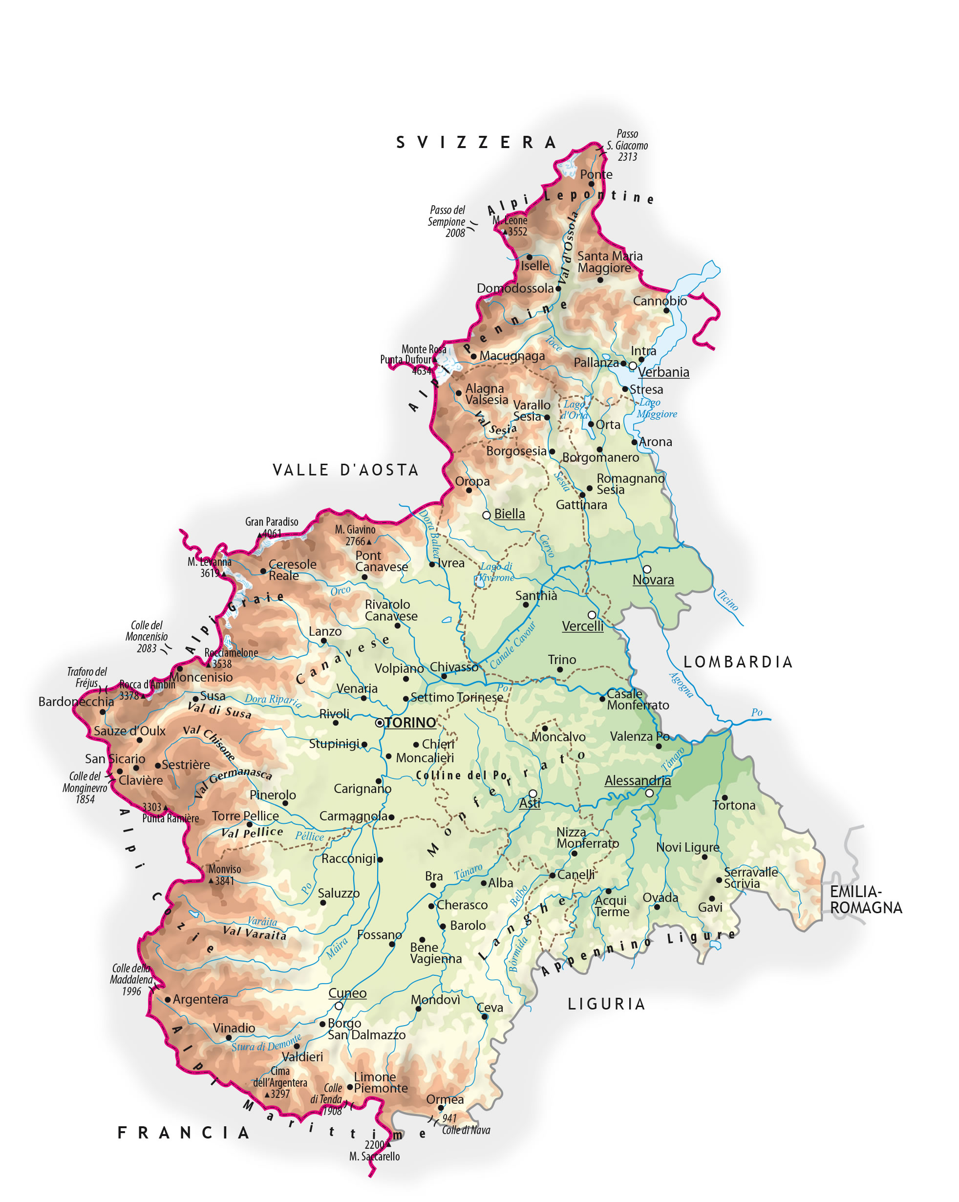 Cartina Fisica Piemonte Carta Geografica Murale Regionale Piemonte E ...